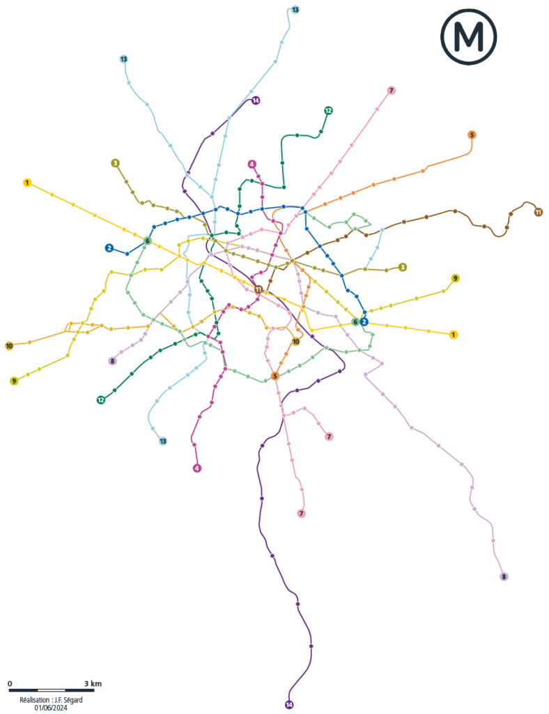 Le réseau du métro parisien au 1er juin 2024 avec les prolongements des lignes 11 et 14. Plan du métro de Paris 2024.