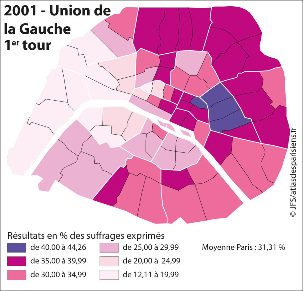 Carte présentant les résultats des listes d'union de la Gauche (PS-MDC-PC), menées par Bertrand Delanoë, lors des élections municipales de 2001 dans Paris, à l'échelle du quartier.