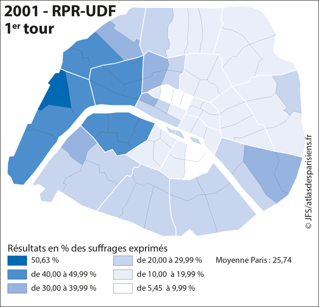 Carte présentant les résultats des listes RPR lors des élections municipales de 1977 dans Paris, à l'échelle du quartier.