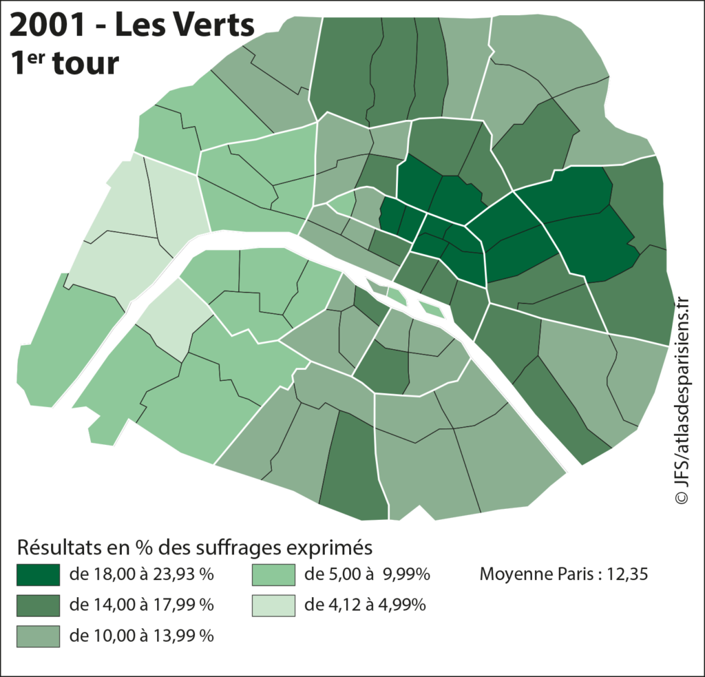 Carte présentant les résultats des listes des Verts lors des élections municipales de 2001 dans Paris, à l'échelle du quartier.