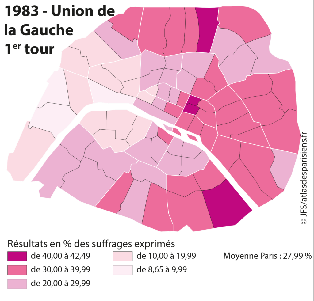 Carte présentant les résultats des listes d'union de la Gauche (PS-PC) lors des élections municipales de 1983 dans Paris, à l'échelle du quartier.