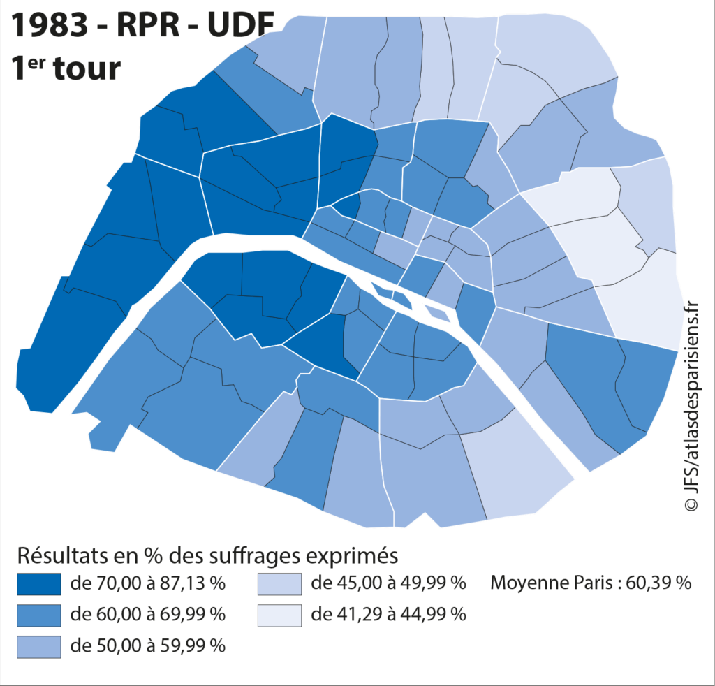 Carte présentant les résultats des listes RPR-UDF de Jacques Chirac lors des élections municipales de 1983 dans Paris, à l'échelle du quartier.