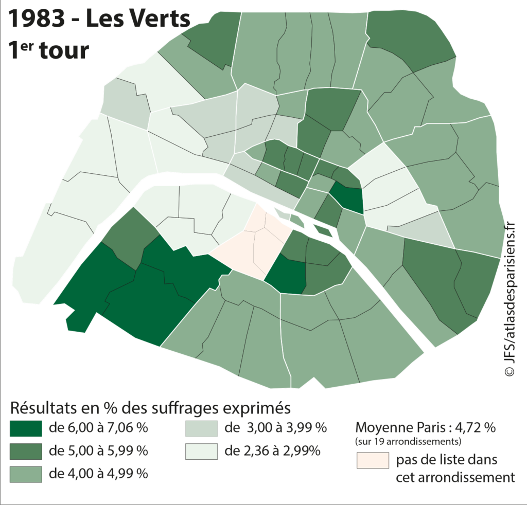 Carte présentant les résultats des listes des Verts lors des élections municipales de 1983 dans Paris, à l'échelle du quartier.