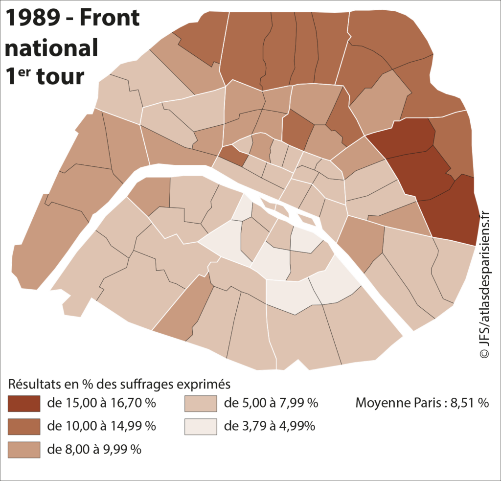 Carte présentant les résultats des listes du Front national (FN) lors des élections municipales de 1989 dans Paris, à l'échelle du quartier.