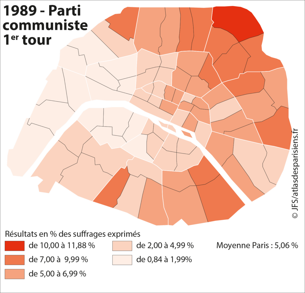 Carte présentant les résultats des listes du parti communiste (PC) lors des élections municipales de 1989 dans Paris, à l'échelle du quartier.