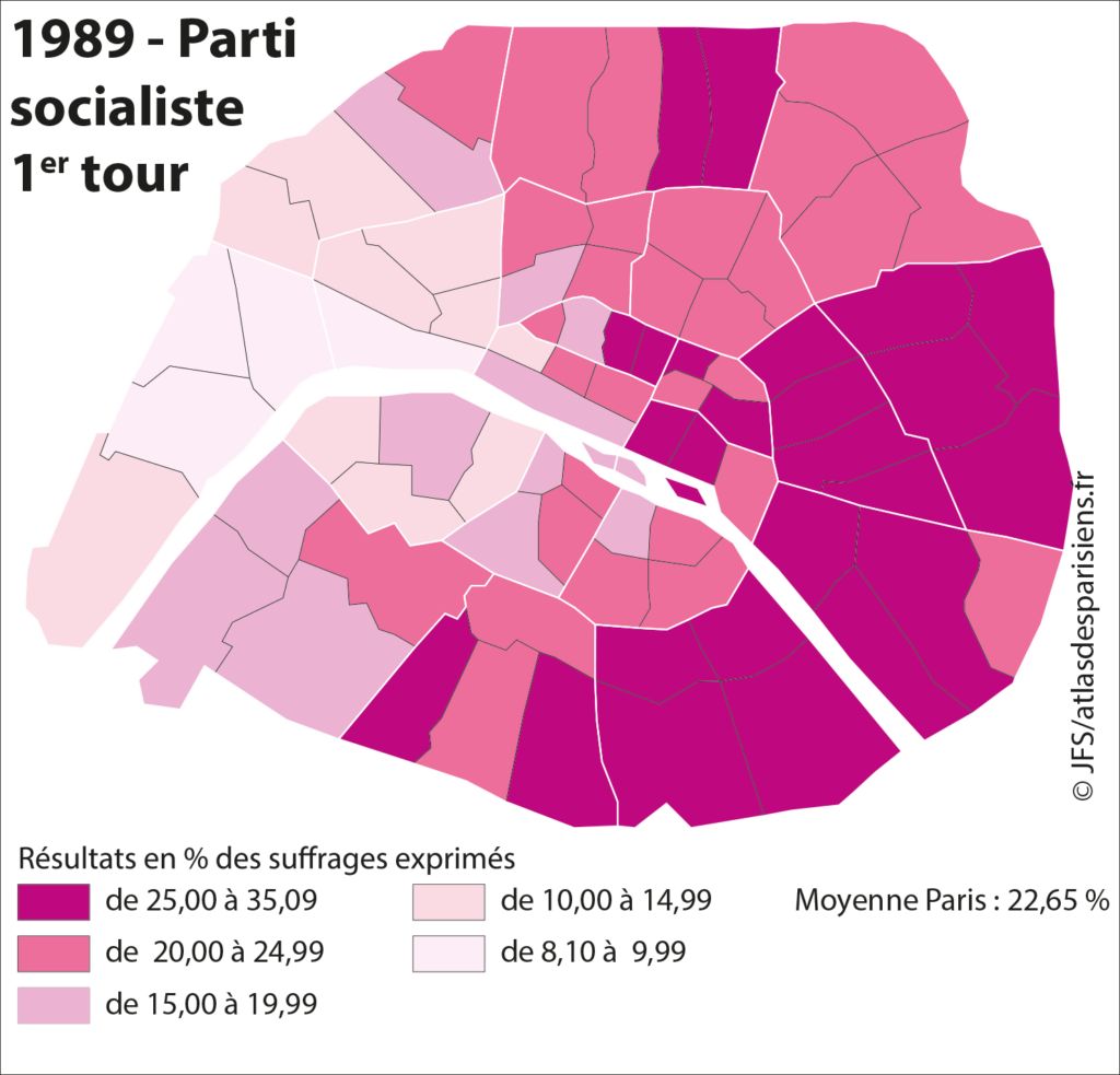 Carte présentant les résultats des listes du parti socialiste (PS) lors des élections municipales de 1989 dans Paris, à l'échelle du quartier.