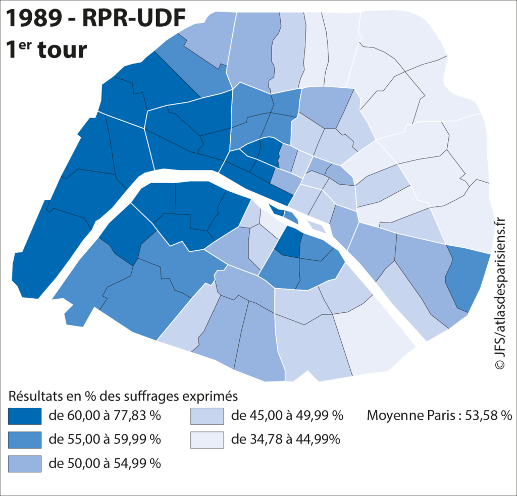 Carte présentant les résultats des listes des RPR-UDF de Jacques Chirac lors des élections municipales de 1989 dans Paris, à l'échelle du quartier.