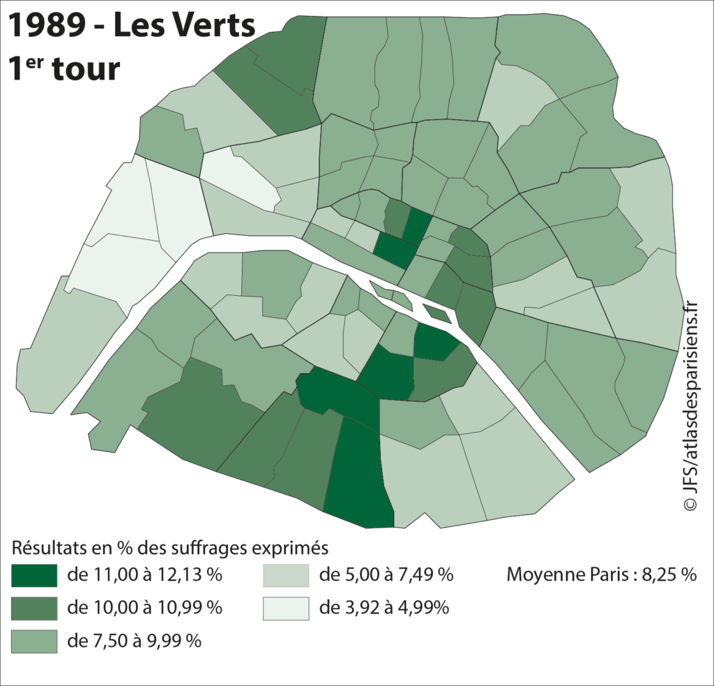 Carte présentant les résultats des listes des Verts-Paris lors des élections municipales de 1989 dans Paris, à l'échelle du quartier.