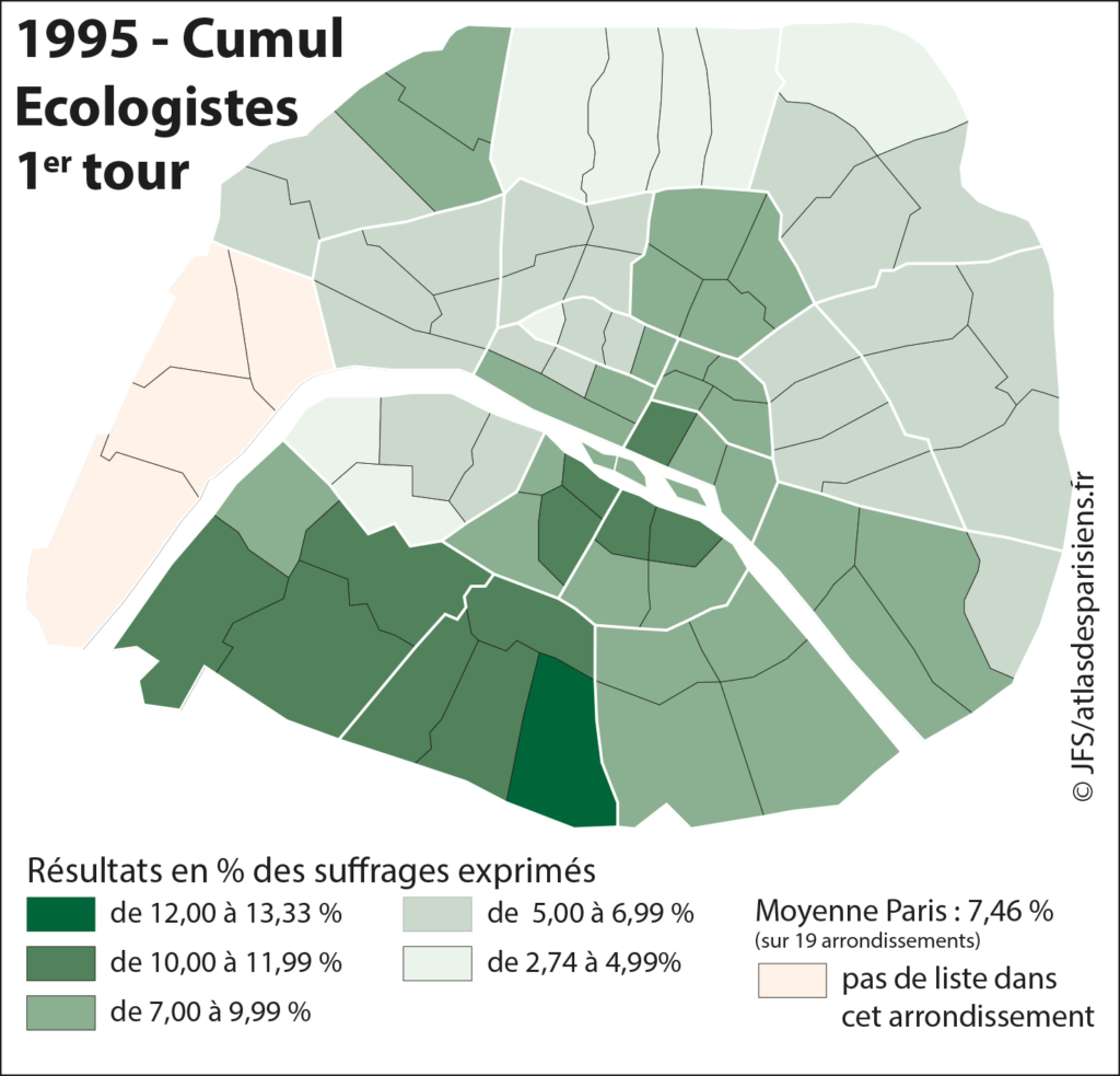 Carte présentant les résultats cumulés des listes écologistes (plusieurs listes sont présentes : Les Verts et des Divers-Ecologistes) lors des élections municipales de 1995 dans Paris, à l'échelle du quartier.