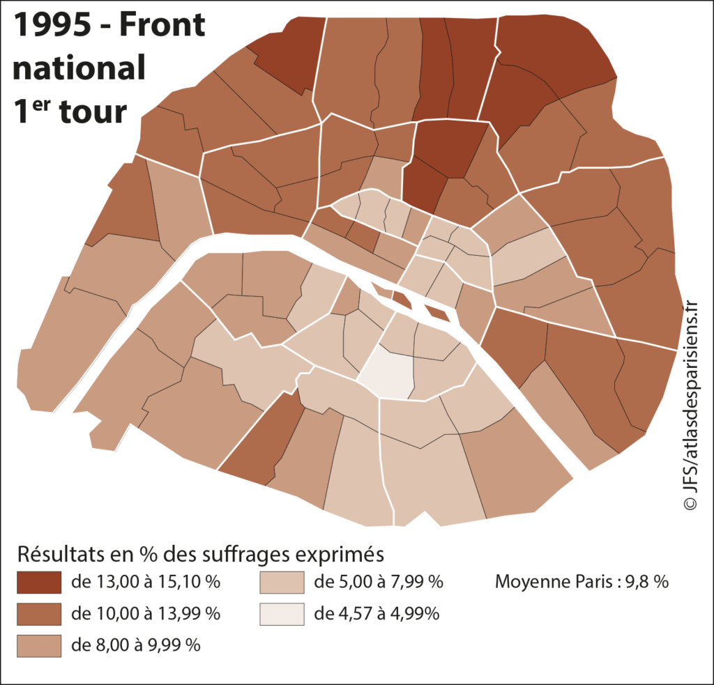 Carte présentant les résultats des listes du Front national (FN) lors des élections municipales de 1995 dans Paris, à l'échelle du quartier.