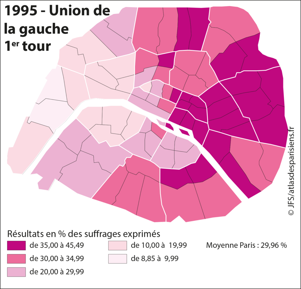 Carte présentant les résultats des listes d'union de la Gauche (PS-MDC-PC) lors des élections municipales de 1995 dans Paris, à l'échelle du quartier.