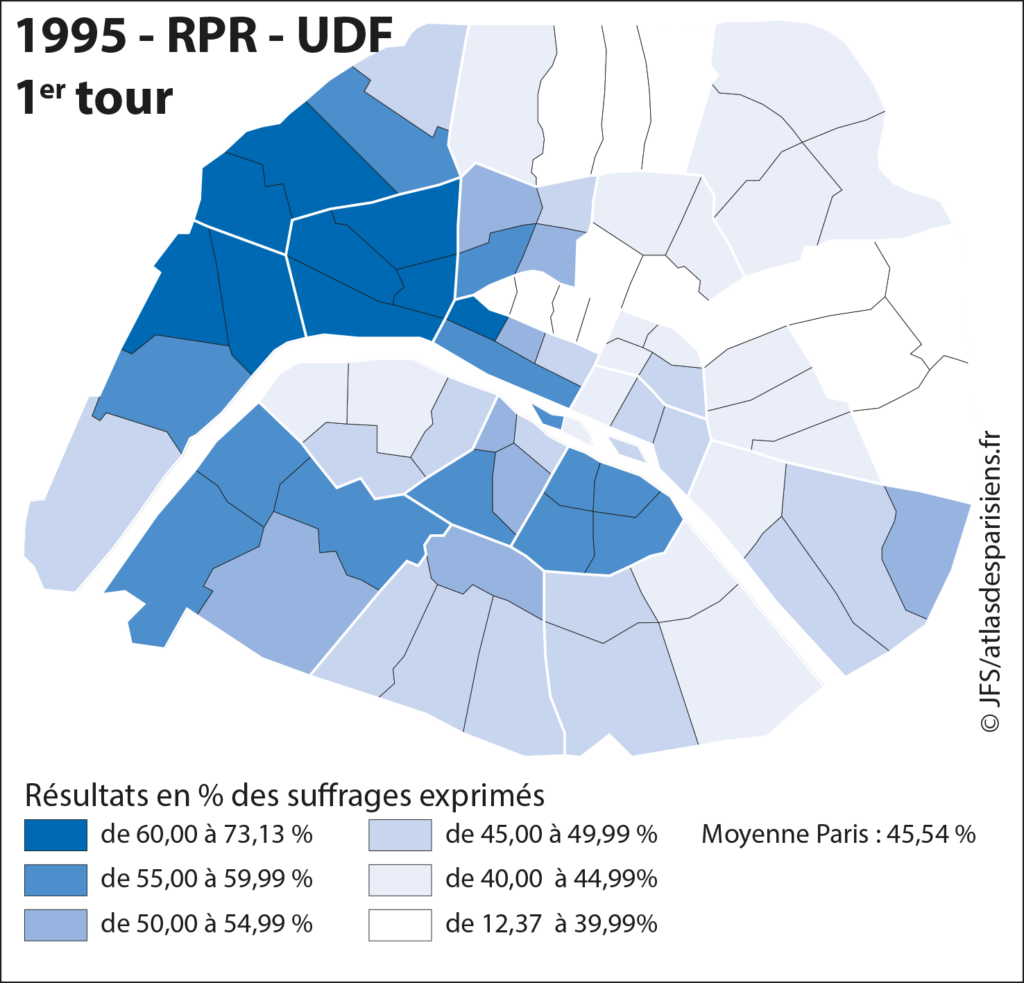 Carte présentant les résultats des listes des RPR-UDF lors des élections municipales de 1995 dans Paris, à l'échelle du quartier.