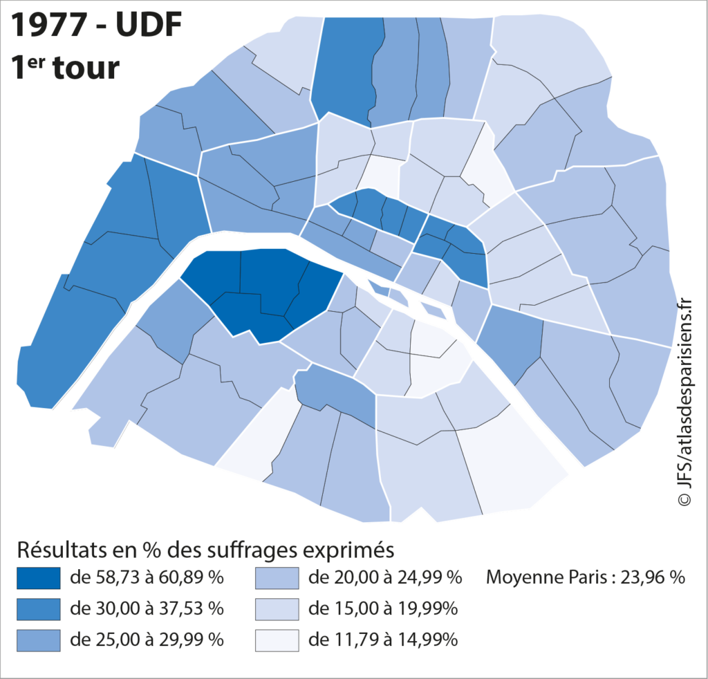 Carte présentant les résultats des listes Divers-droite (DVD) lors des élections municipales de 1977 dans Paris, à l'échelle du quartier.