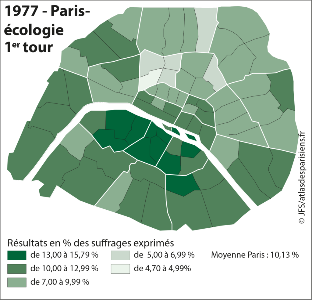 Carte présentant les résultats des listes des écologistes (le parti Les Verts n'est pas encore créé) lors des élections municipales de 1977 dans Paris, à l'échelle du quartier.