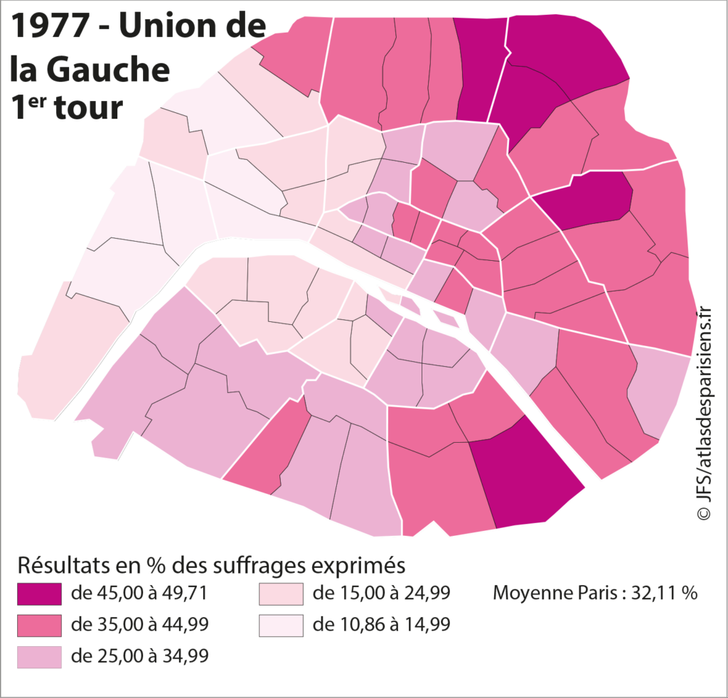 Carte présentant les résultats des listes d'union de la Gauche (PS-PC) lors des élections municipales de 1977 dans Paris, à l'échelle du quartier.