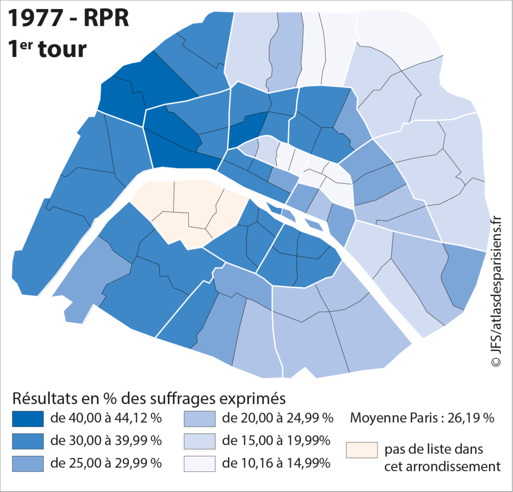 Carte présentant les résultats des listes des RPR de Jacques Chirac lors des élections municipales de 1977 dans Paris, à l'échelle du quartier.