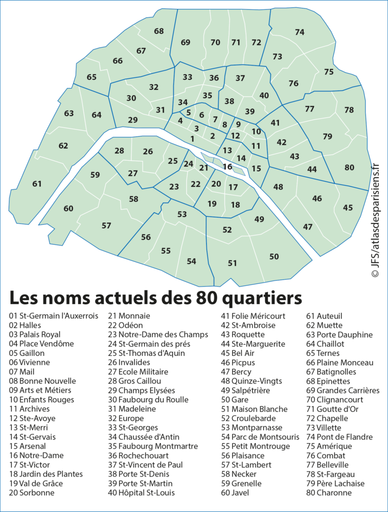 Carte présentant les noms actuels des 80 quartiers de Paris (subdivision des 20 arrondissements parisiens).