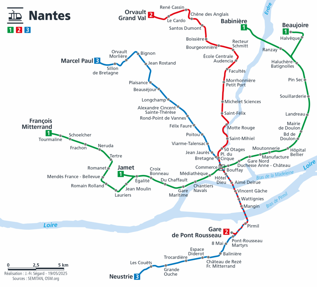 Nantes, réseau de tramway (avec nom des stations) après l'ouverture, le 23 mai 2025, du nouveau terminus de la ligne 1, Babinière.