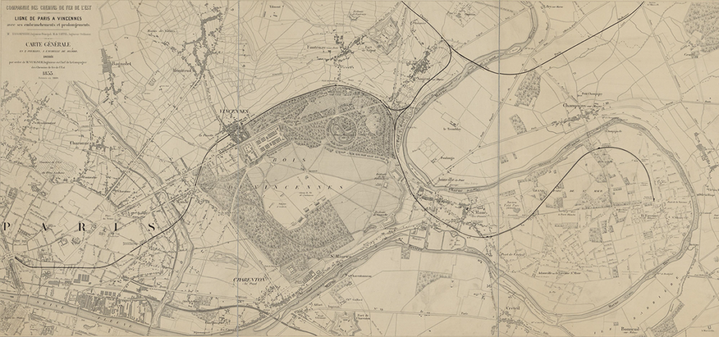 Tracé de la ligne de Paris à La Varenne-Saint-Hilaire, 1860, ancêtre du RER A.