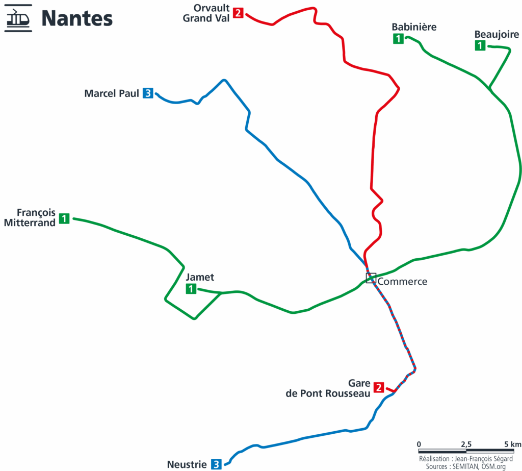 Plan simplifié du réseau de tramway de Nantes.