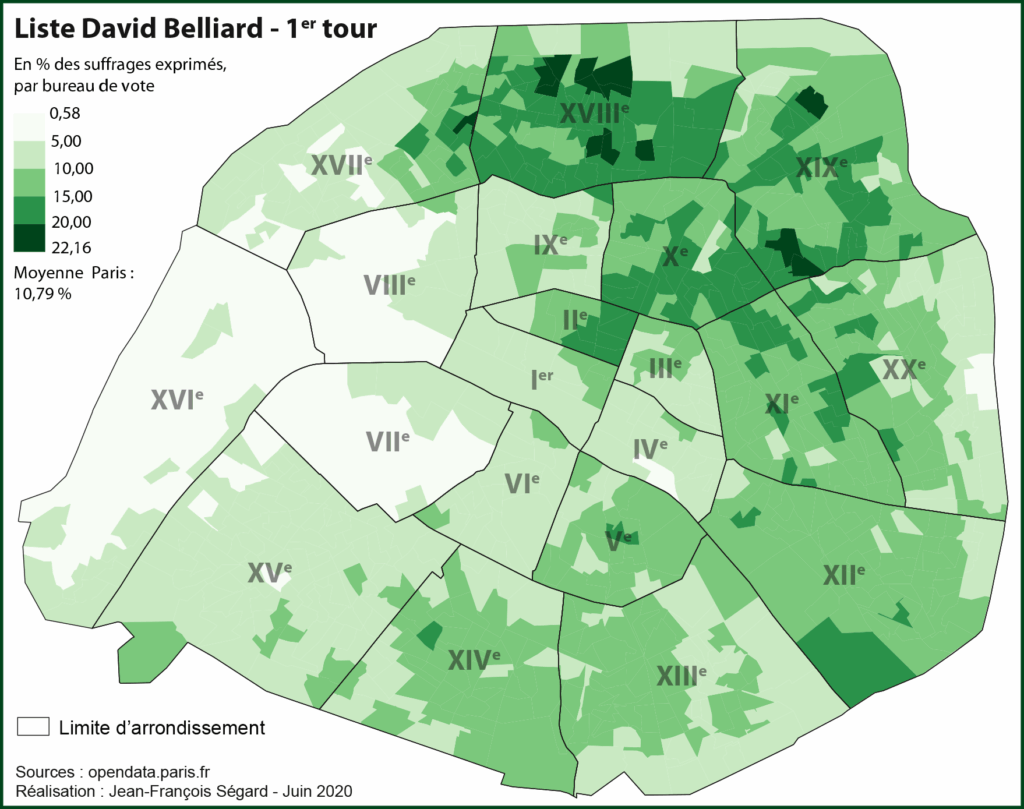Elections municipales parisiennes 2020, 1er tour. Carte des résultats des listes David Belliard (Europe écologie - les Verts, EELV) en % des suffrages exprimés à l'échelle du bureau de vote.
