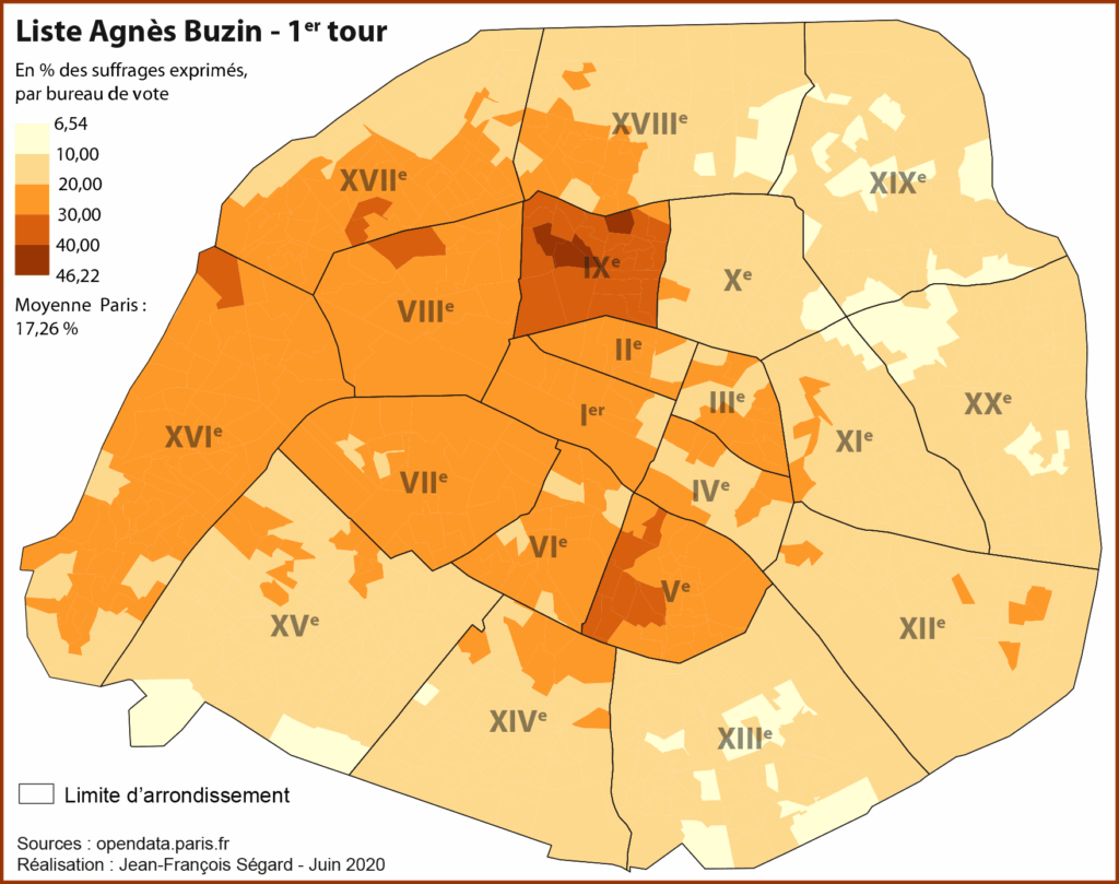 Elections municipales parisiennes 2020, 1er tour. Carte des résultats des listes Agnès Buzin (La République en marche, LRM) en % des suffrages exprimés à l'échelle du bureau de vote.