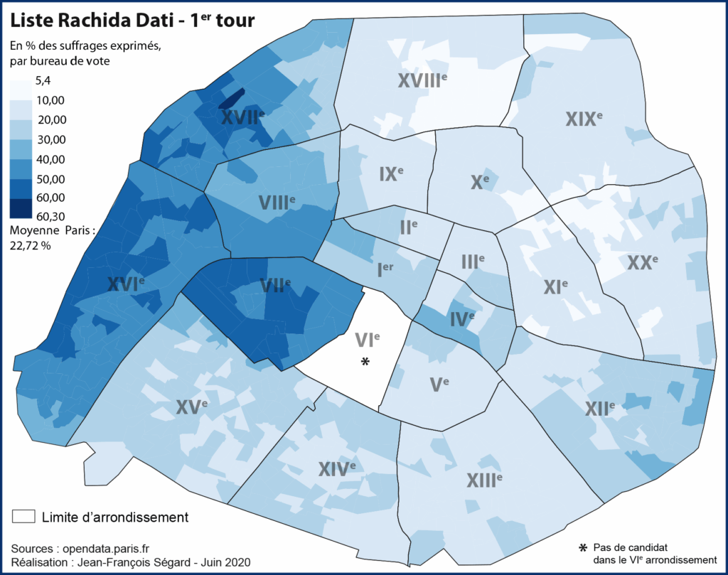Elections municipales parisiennes 2020, 1er tour. Carte des résultats des listes Rachida Dati (Les Républicains, LR) en % des suffrages exprimés à l'échelle du bureau de vote.