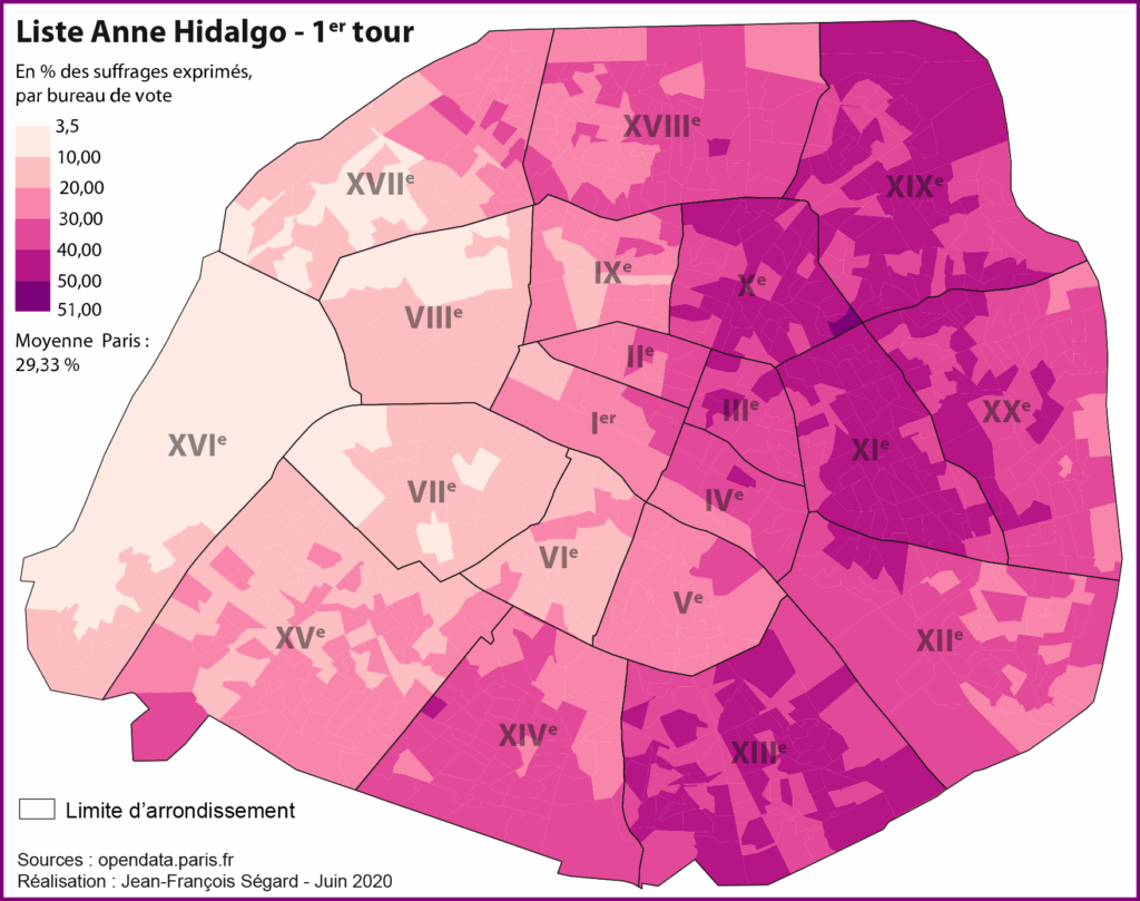 Elections municipales parisiennes 2020. Carte des résultats des listes Anne Hidalgo (Parti socialiste, PS) en % des suffrages exprimés à l'échelle du bureau de vote.