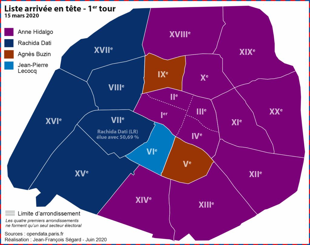 Paris : élections municipales 2020. Carte présentant les listes arrivées en tête du premier tour le 15 mars 2020.