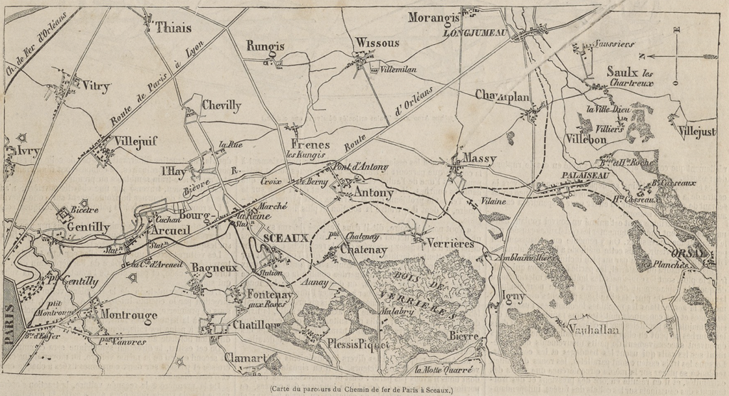 Tracé de la ligne de Sceaux à son ouverture le 7 juin 1846. Source : L'Illustration, journal universel, 6 juin 1846.