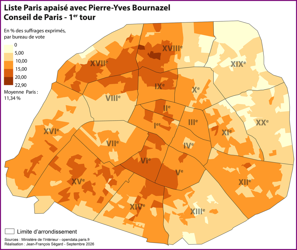 Elections municipales parisiennes de mars 2026. Carte des résultats des listes menées par Pierre-Yves Bournazel (Union du Centre) en % des suffrages exprimés à l'échelle du bureau de vote.