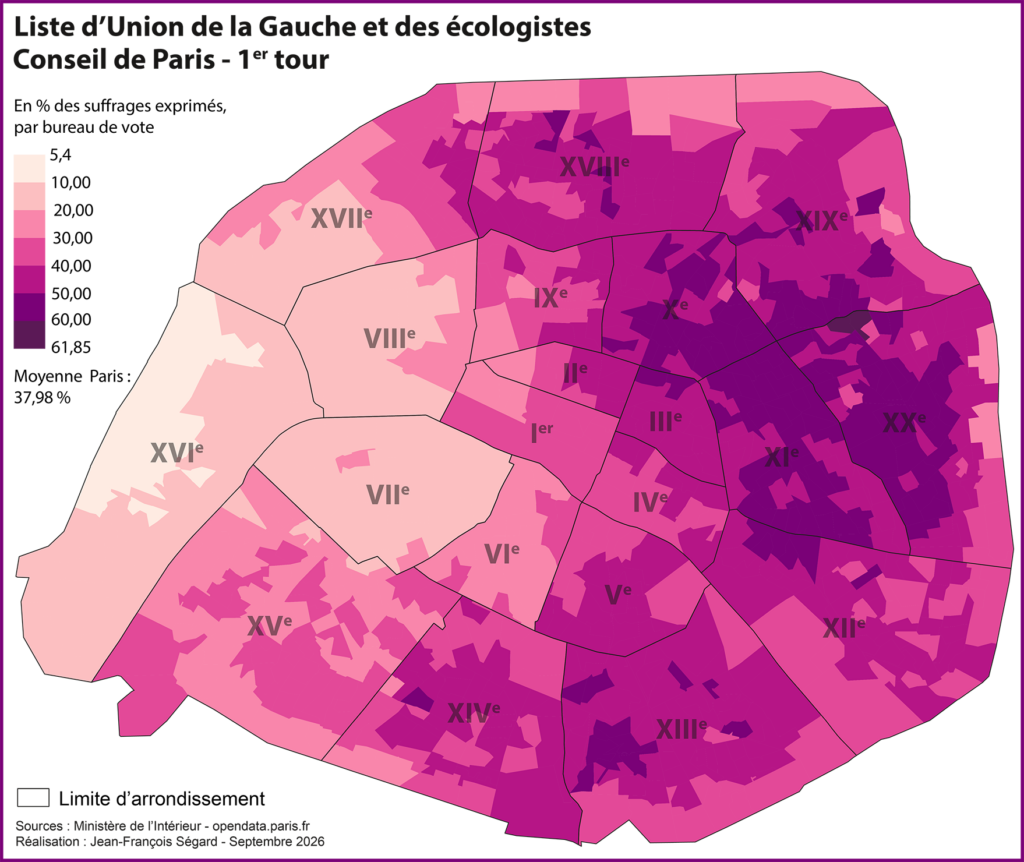 Elections municipales parisiennes de mars 2026. Carte des résultats des listes menées par Emmanuel Grégoire (Union de la Gauche et des écologistes) en % des suffrages exprimés à l'échelle du bureau de vote.