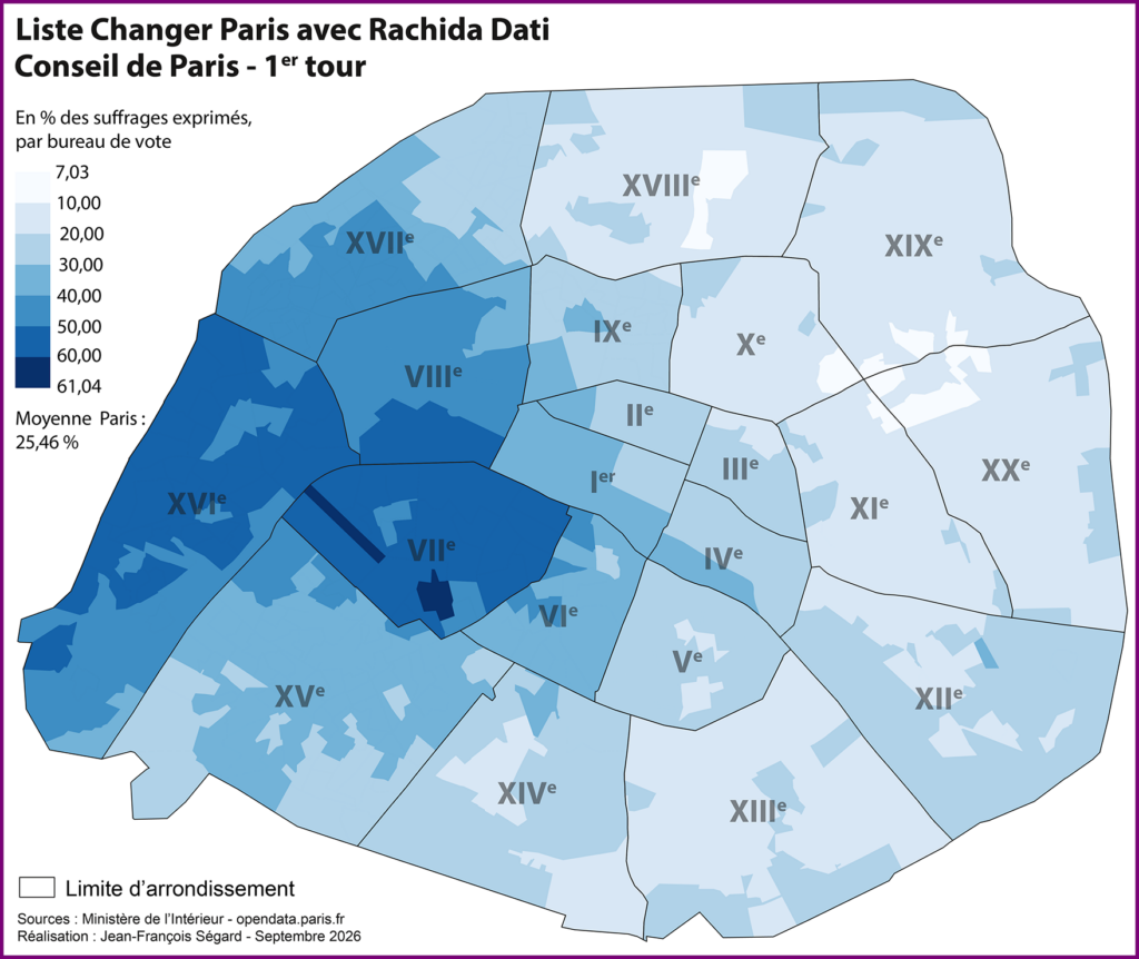 Elections municipales parisiennes de mars 2026. Carte des résultats des listes menées par Rachida Dati (Union de la Droite) en % des suffrages exprimés à l'échelle du bureau de vote.