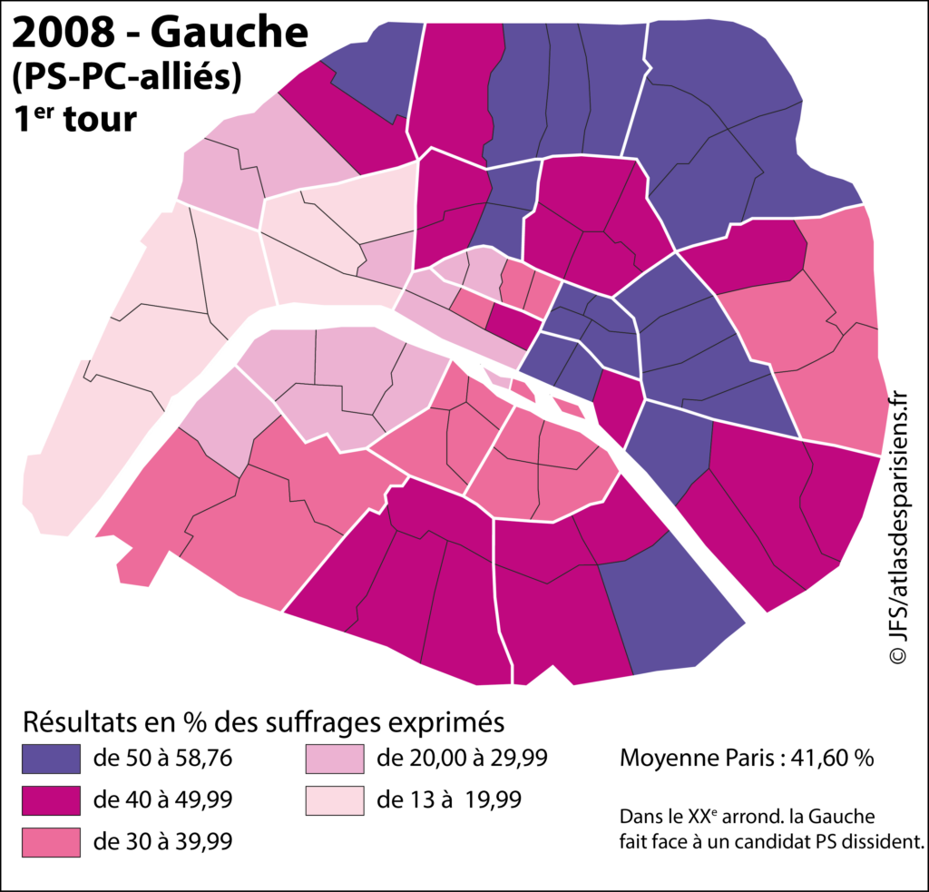 Carte présentant les résultats des listes d'union de la Gauche (PS-PC-alliés), menées par Bertrand Delanoë, lors des élections municipales de 2008 dans Paris, à l'échelle du quartier.