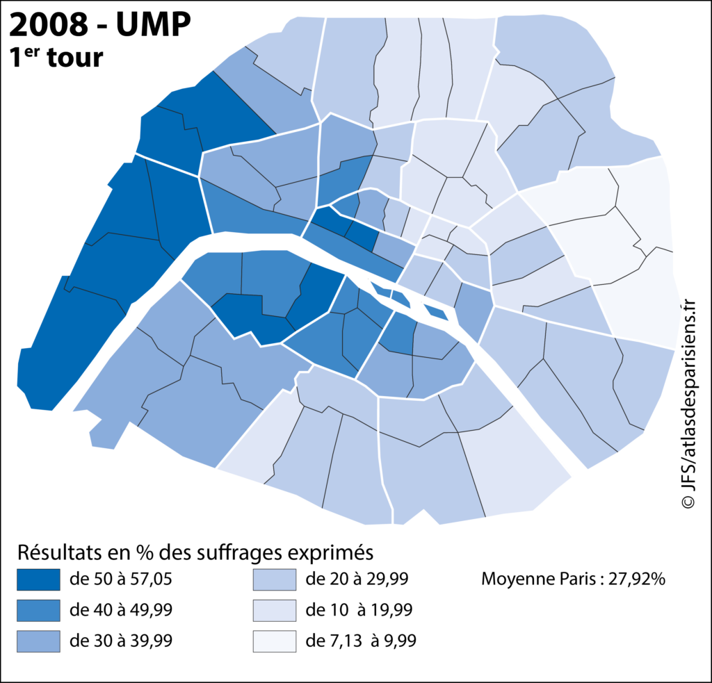 Carte présentant les résultats des listes UMP lors des élections municipales de 2008 dans Paris, à l'échelle du quartier.