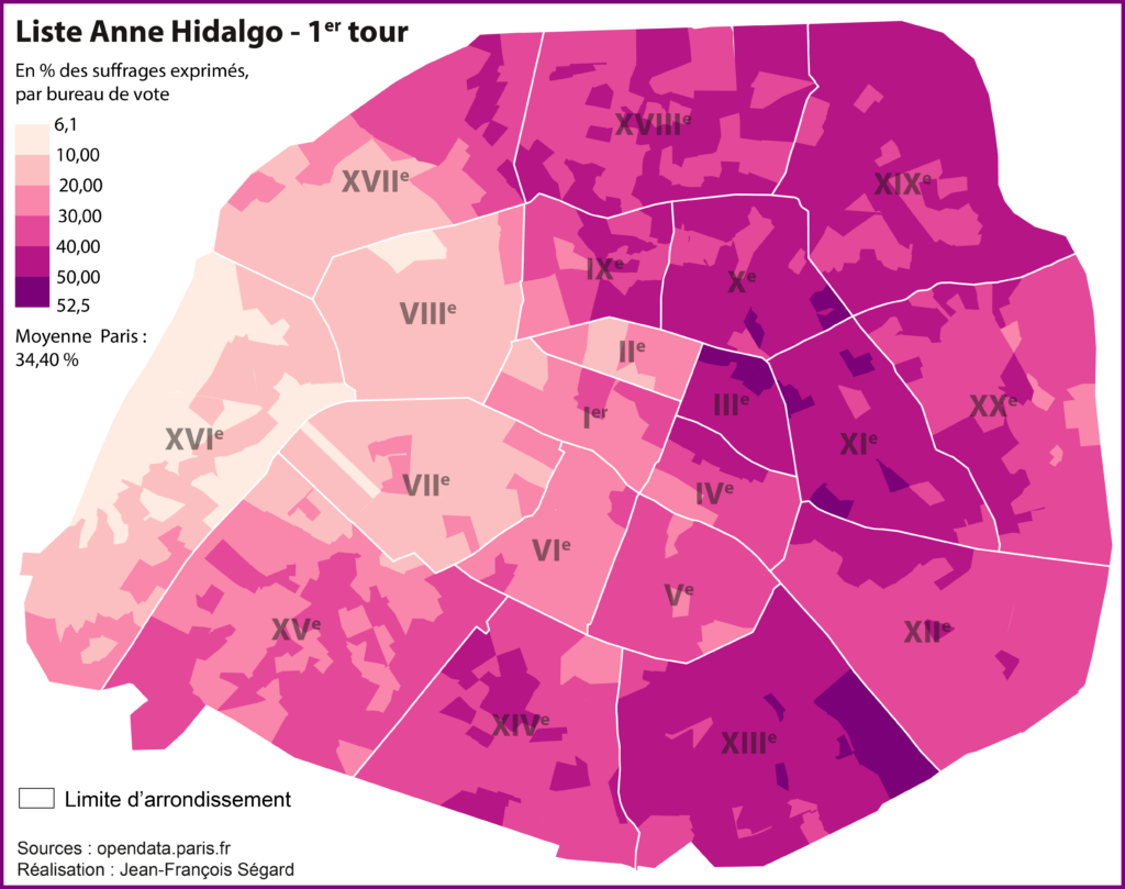 Elections municipales parisiennes 2014. Carte des résultats des listes Anne Hidalgo (Parti socialiste, PS) en % des suffrages exprimés à l'échelle du bureau de vote. Résultats du premier tour.