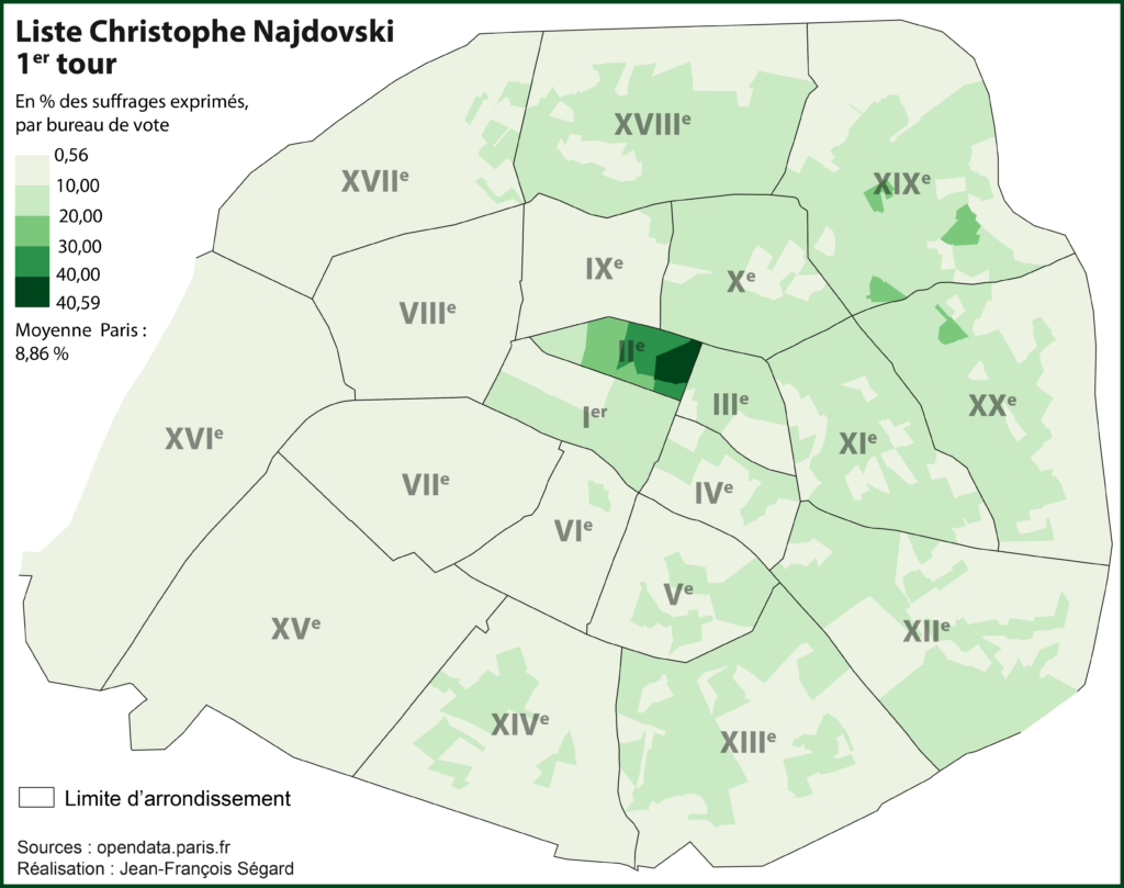 Elections municipales parisiennes 2014. Carte des résultats des listes Christophe Najdovski (Europe écologie - les Verts, EELV) en % des suffrages exprimés à l'échelle du bureau de vote.